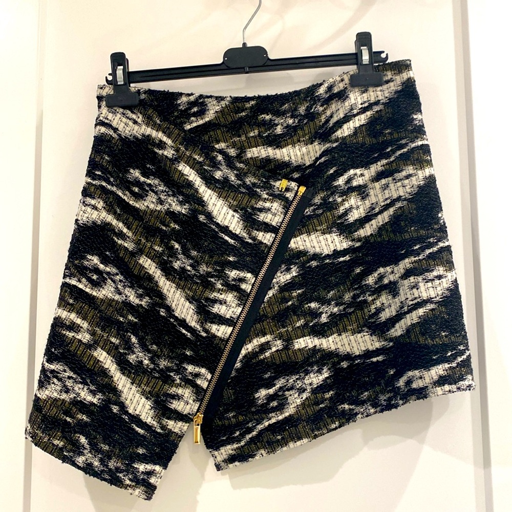Black white and gold asymmetric wraparound camo miniskirt cut on a bias